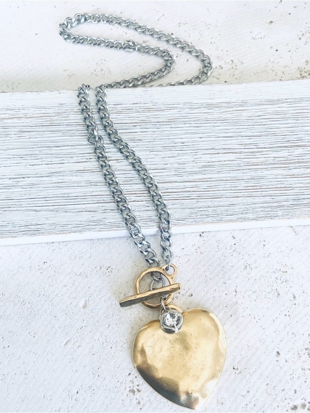 Two-Tone Heart Pendant Necklace with Toggle Closure and Crystal Accent 18 Inch